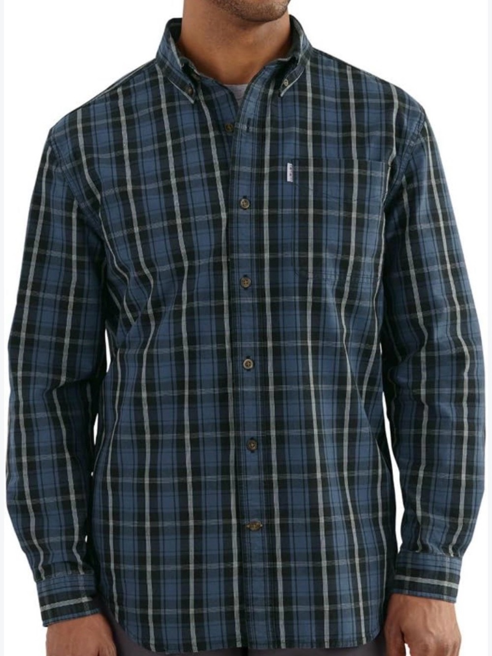 Carhartt Men's Navy and Black Plaid Button-Down Shirt